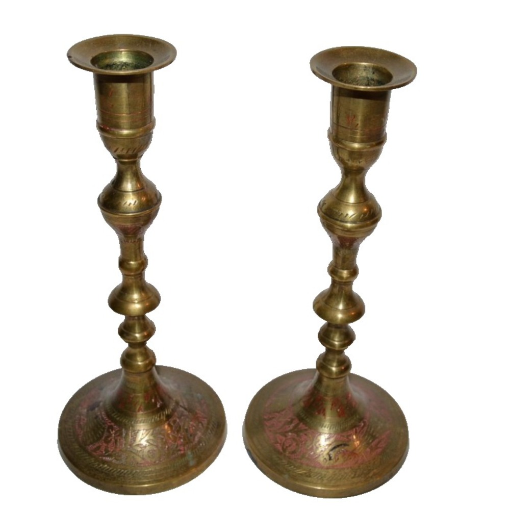 Vtg Mcm Etched Brass Candle Stick Holder 2pc Floral Motif India UV glow